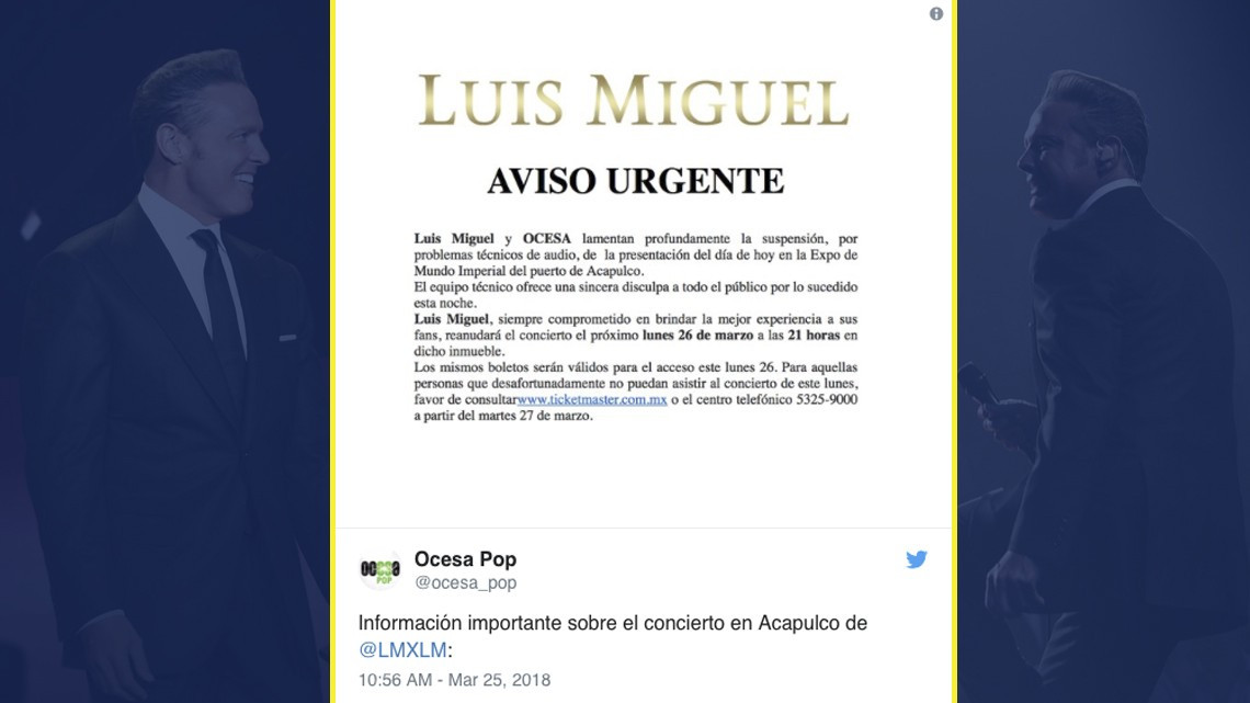 Cancela concierto Luis Miguel por problemas de sonido