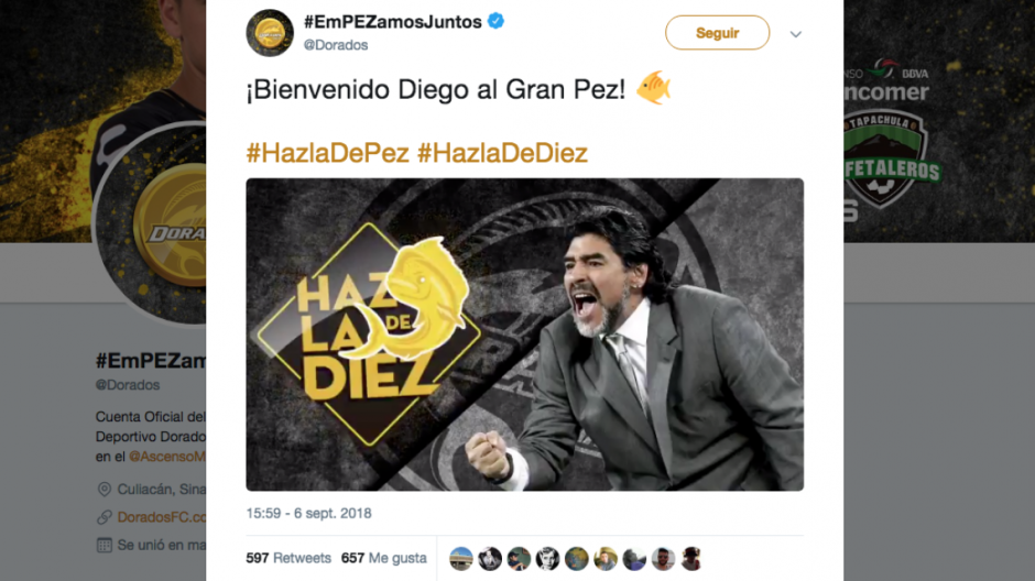 Diego Armando Maradona es nuevo DT de Dorados