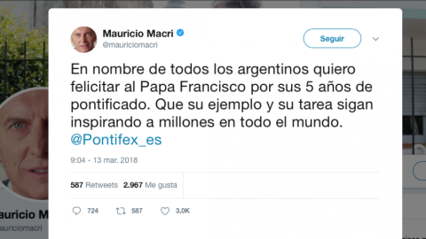 Mauricio Macri felicita a Francisco por cinco años como Papa