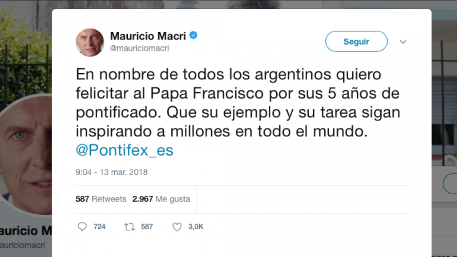 Mauricio Macri felicita a Francisco por cinco años como Papa