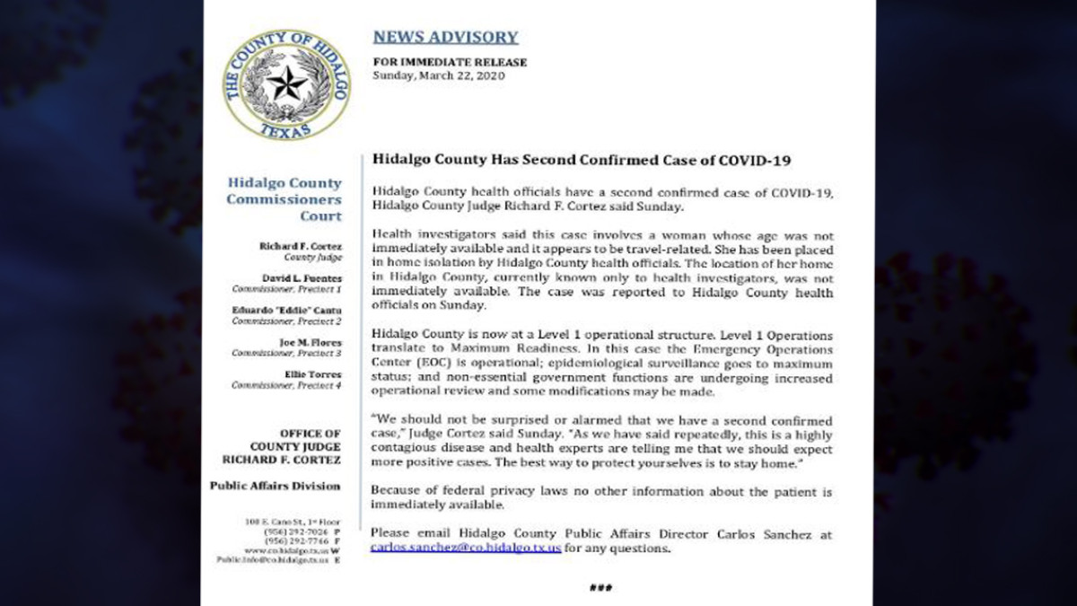 Confirman segundo caso de coronavirus en McAllen