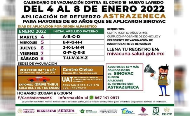 Del 4 al 8 de enero del 2022 se aplicará el refuerzo contra el coronavirus a los adultos mayores en Nuevo Laredo