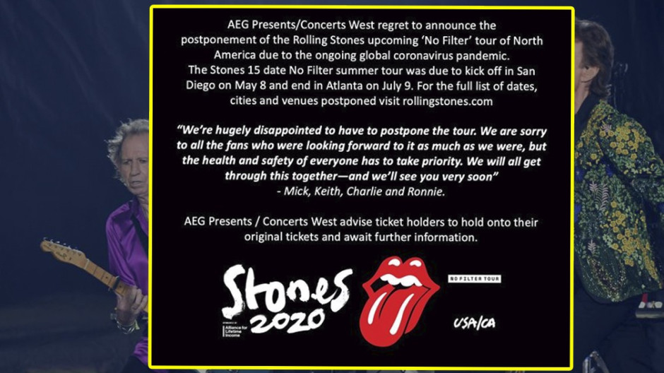 The Rolling Stones posponen su gira debido al coronavirus