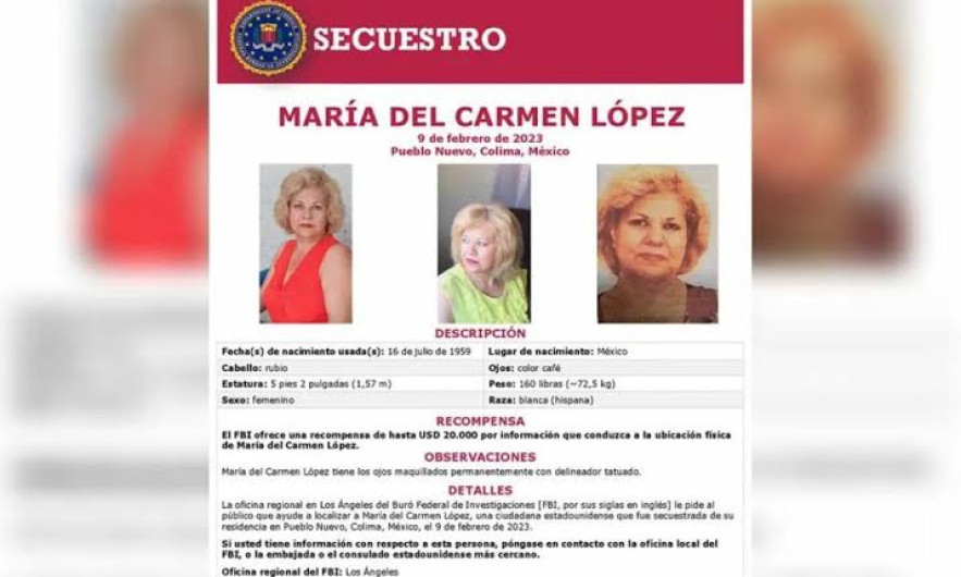 FBI ofrece recompensa por estadunidense secuestrada en Colima