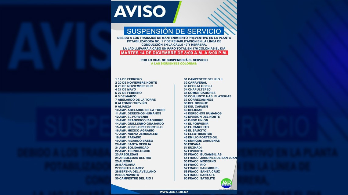 Anuncia JAD suspensión de servicio de agua potable en 176 colonia el martes 14 de diciembre