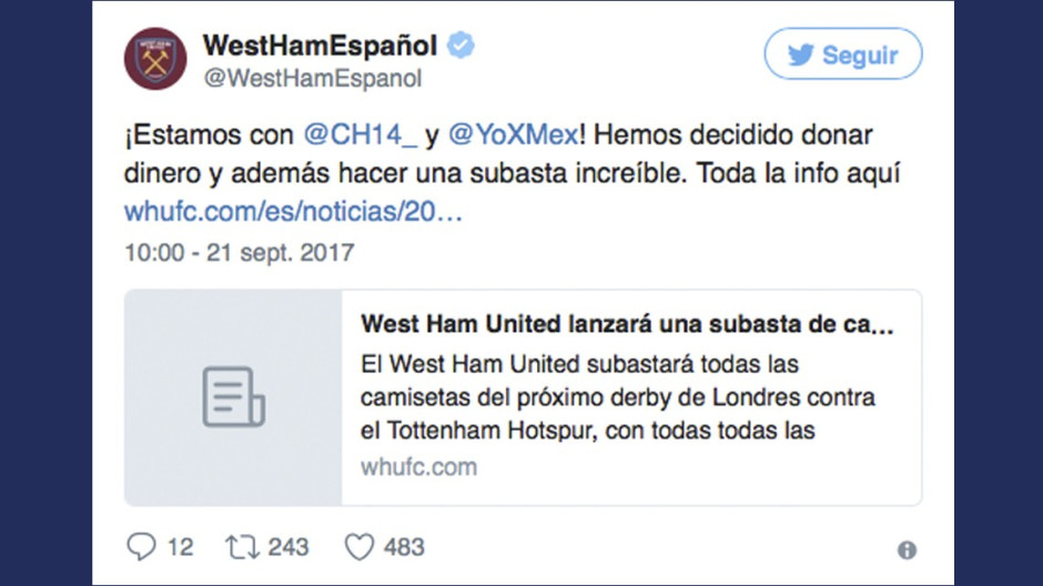 El West Ham subastará camisetas por México