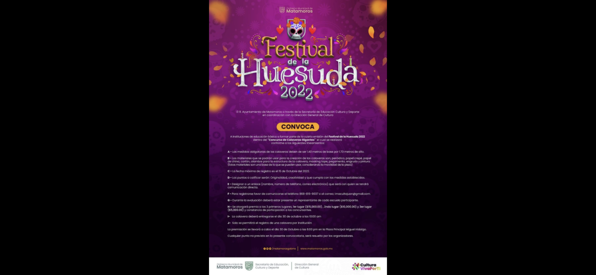 Convoca Gobierno de Matamoros a escuelas de nivel básico a participar en “Concurso de Calaveras Gigantes”