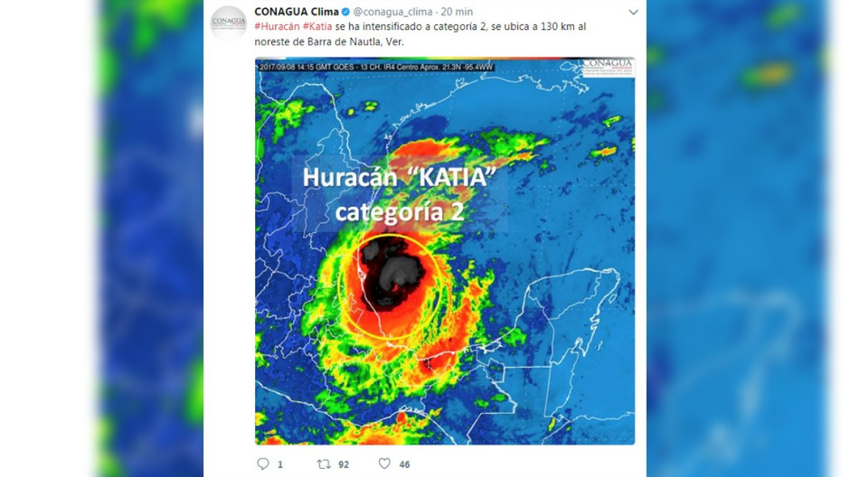 Katia se intensifica a categoría 2, impactará esta noche en Veracruz