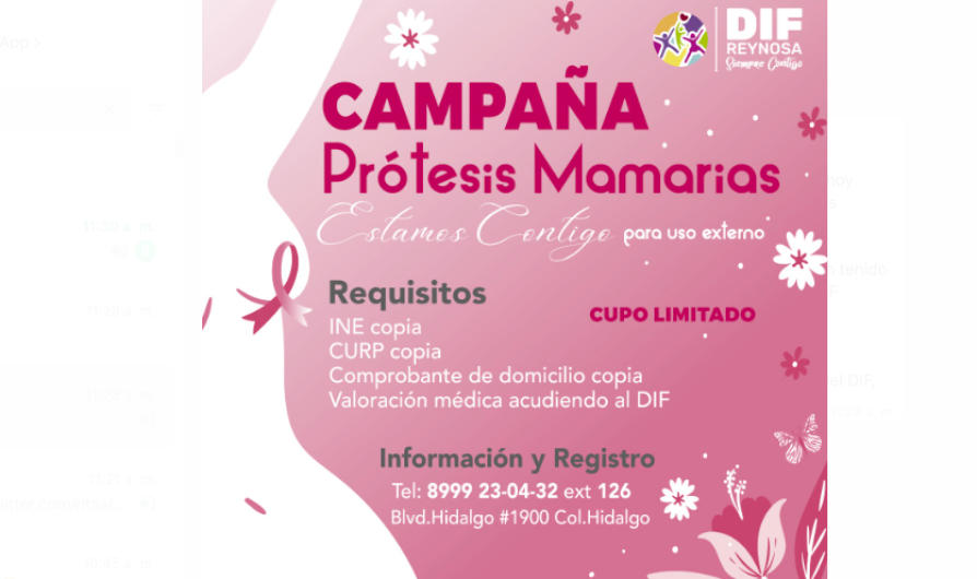 Invita DIF Reynosa a registrarse a Campaña de Prótesis Mamarias 