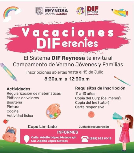 Invita DIF Reynosa a Campamento de Verano 