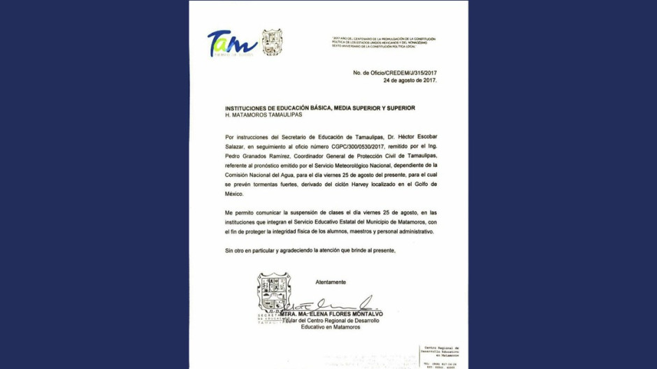Suspenden clases en Matamoros por huracán Harvey 