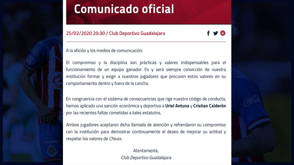 Chivas sanciona a “Chicote” Calderón y Uriel Antuna por incidentes extradeportivos