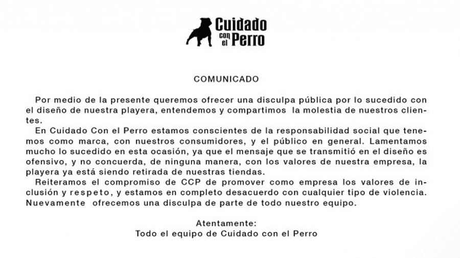 Cuidado con el Perro se disculpa y retira playeras que incitan violencia contra mujeres