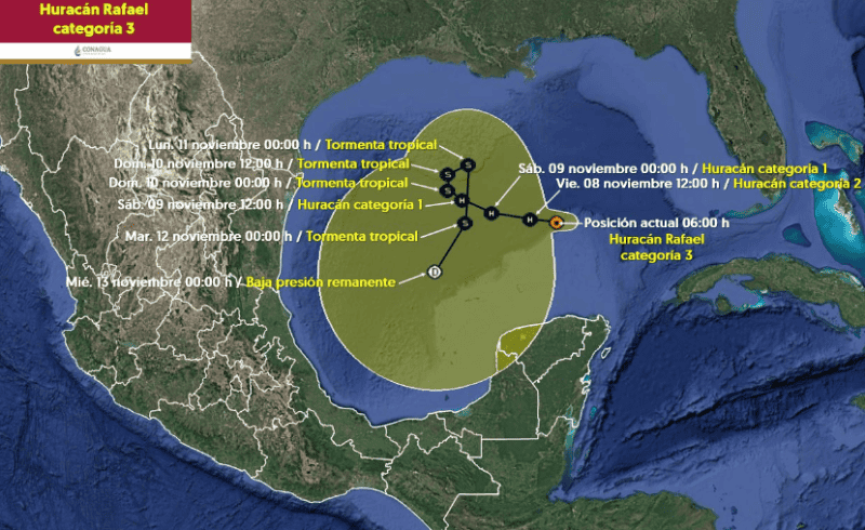 Huracán 'Rafael' cambia de dirección y se aproxima a México