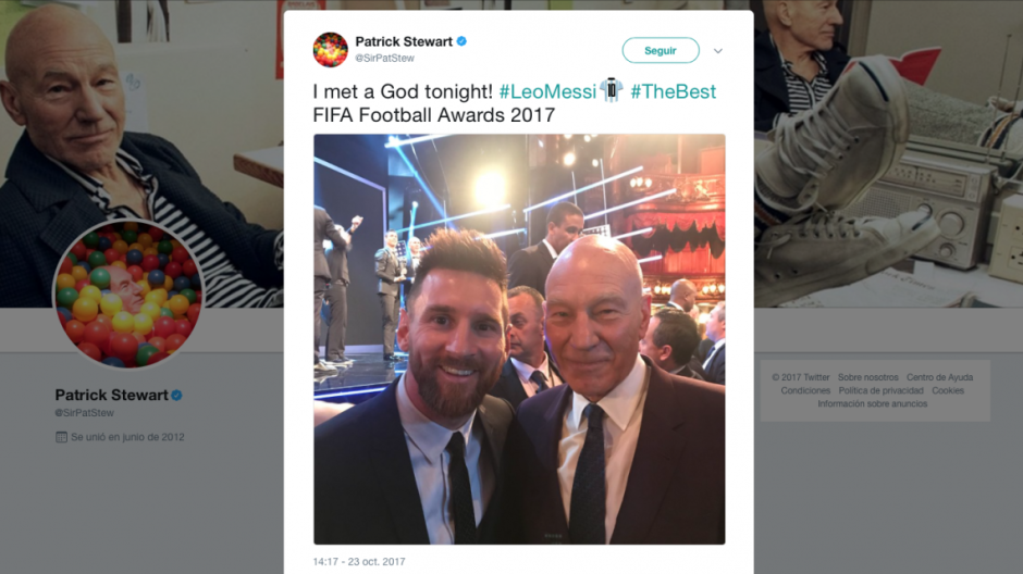 Patrick Stewart se encuentra con Lionel Messi en Premios 'The Best' 