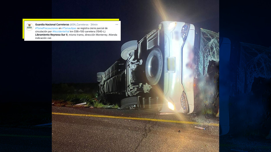Se registra volcadura de autobús de pasajeros en la carretera Reynosa-Monterrey 