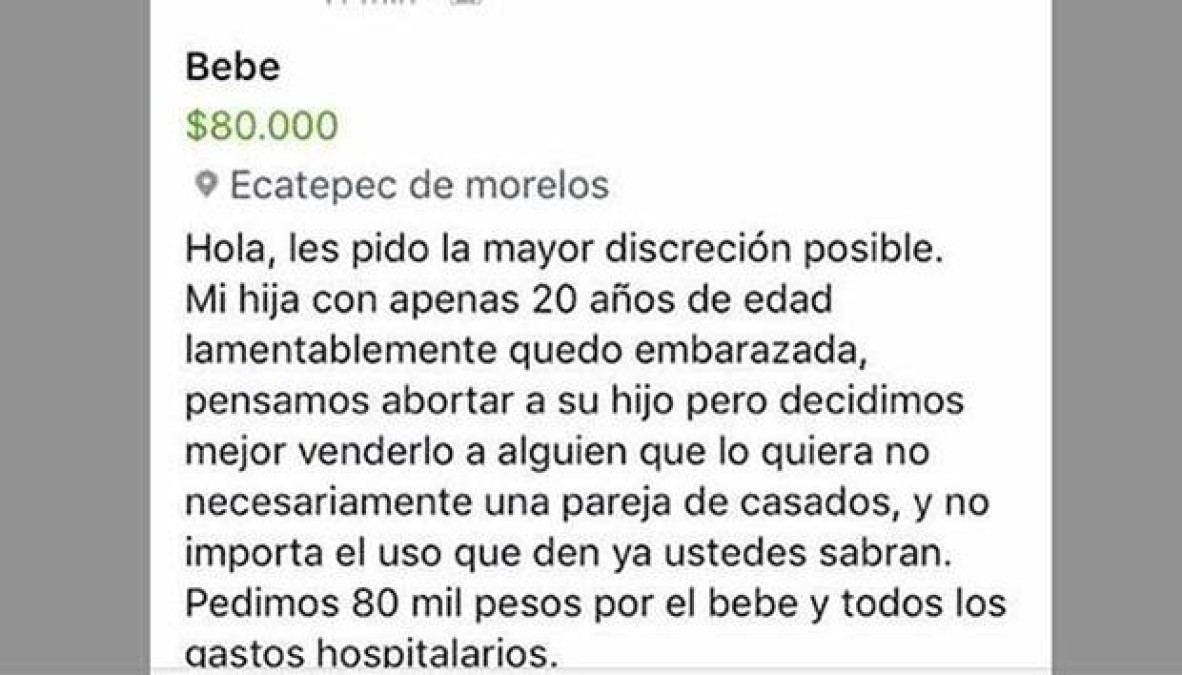 Mujer quería vender a su nieto por Facebook