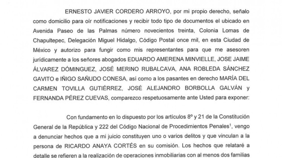 Ernesto Cordero denuncia ante la PGR a Ricardo Anaya por presunto lavado de dinero