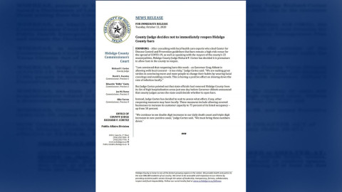 Condado Hidalgo decide no avanzar con reapertura de bares 