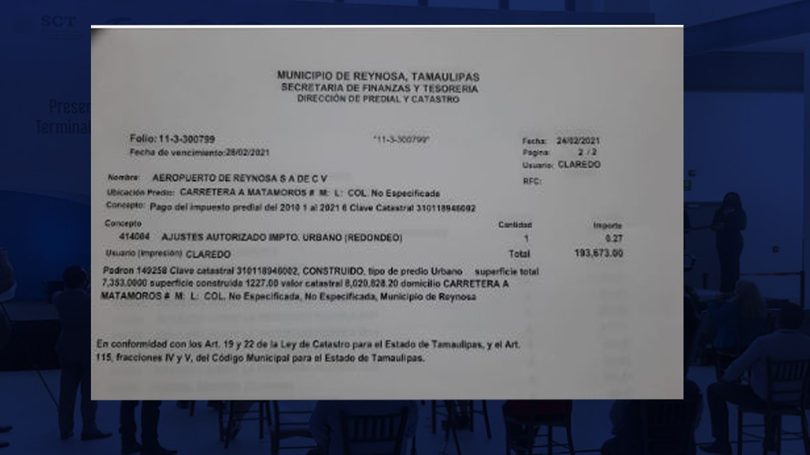 Adeuda Aeropuerto de Reynosa 33 mdp en predial 