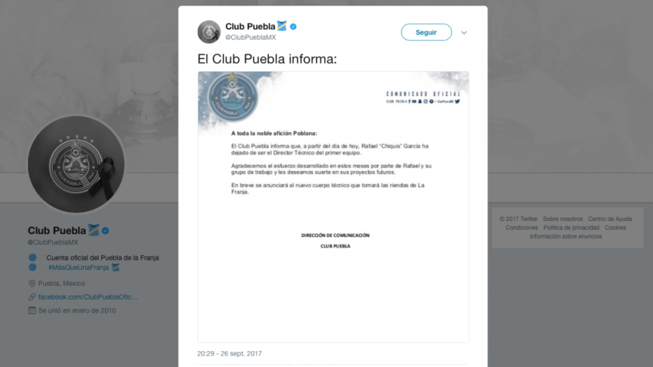Rafael García deja de ser el DT de Puebla