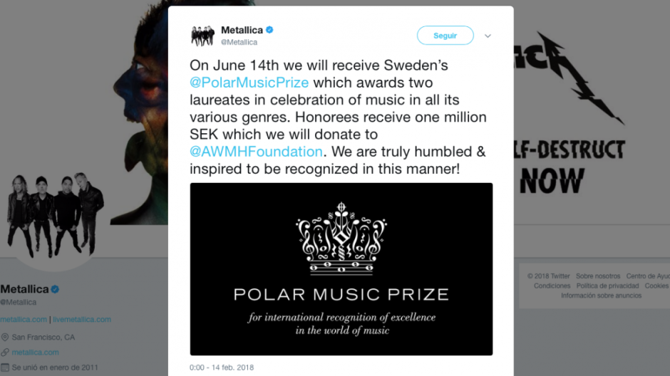 Metallica gana el Premio Polar, considerado el Nobel de la música