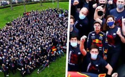 Festejan triunfo de Verstappen con figura de Checo Pérez de cartón