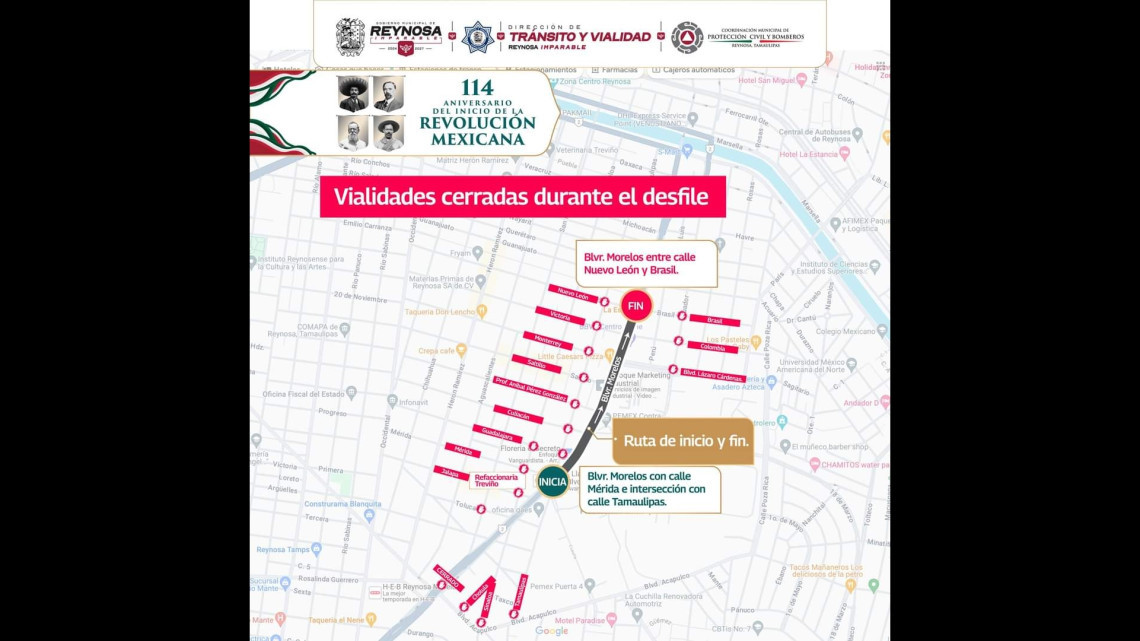 Aviso de cierres de vialidad por Desfile Conmemorativo del 114 Aniversario de la Revolución Mexicana en Reynosa 