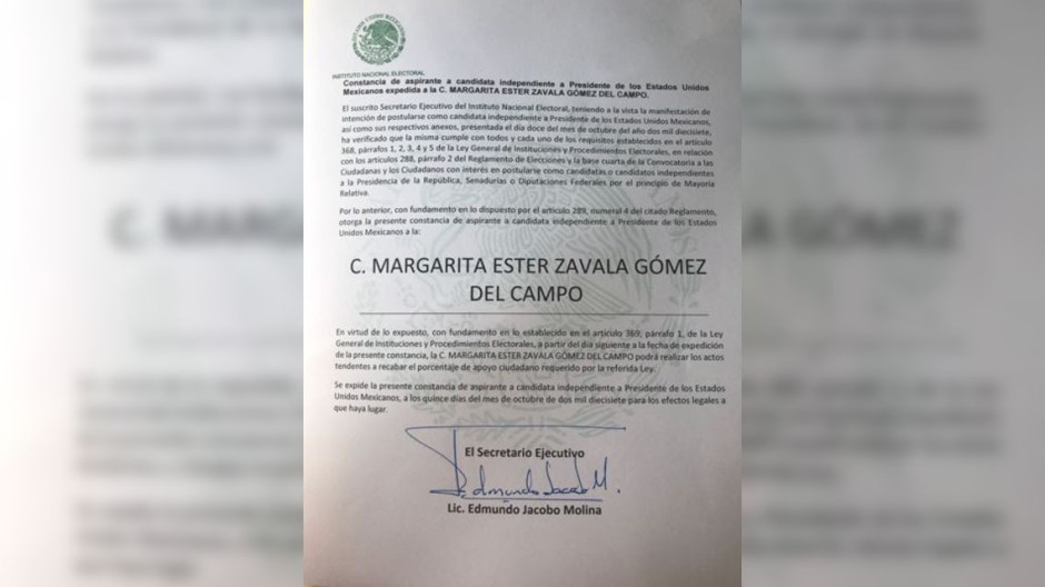 Otorga INE constancia de aspirante a candidata independiente a la Presidencia