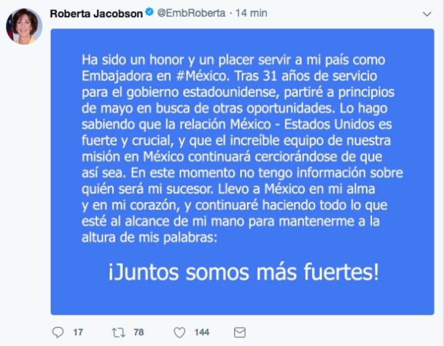 Presenta su renuncia Roberta Jacobson como embajadora de EU en México