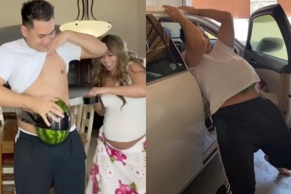 Hombre experimenta embarazo con sandía pegada 