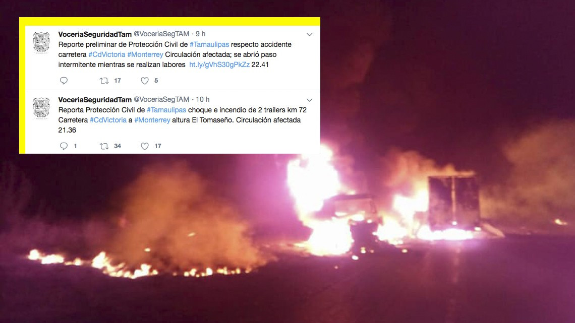 Chocan 2 tráilers en carretera Cd. Victoria-Monterrey