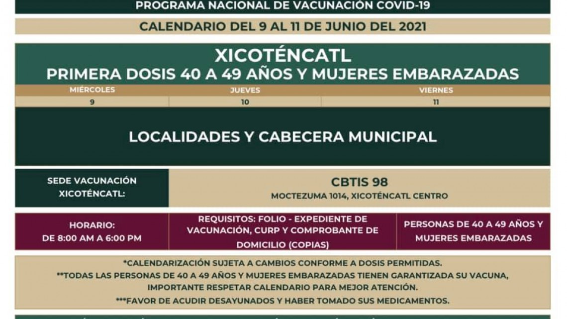 Nuevo Laredo y 9 municipios arrancan esta semana vacunación contra COVID-19 de 40-49 años 