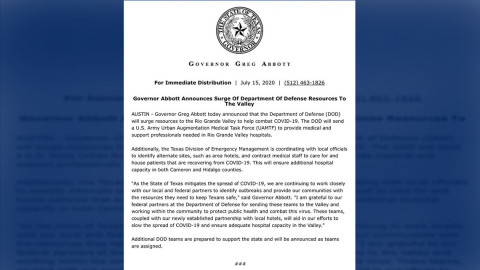 Departamento de Defensa brindará apoyo a hospitales de Valle del Río Grande 