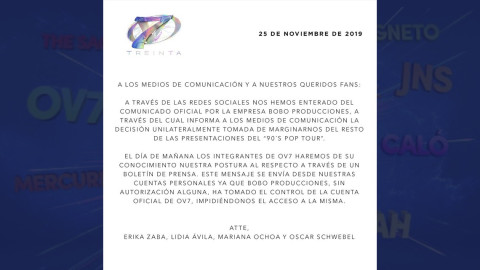 BoBo anuncia que OV7 no estará en las últimas fechas del 90's Pop Tour