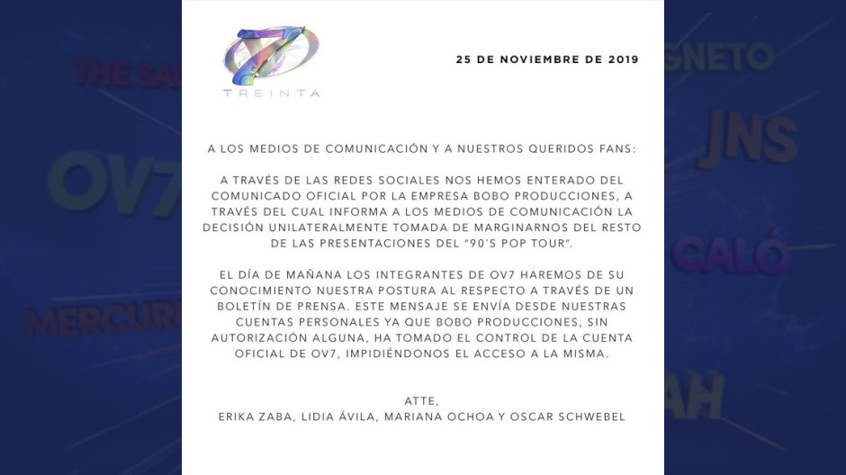 BoBo anuncia que OV7 no estará en las últimas fechas del 90's Pop Tour