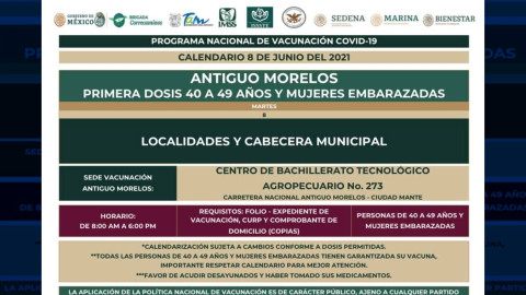 El 7 de junio iniciará vacunación anticovid para adultos de 40 a 49 años en Rio Bravo