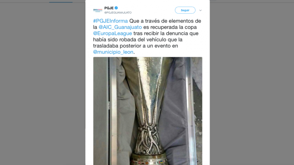 Recuperan en Guanajuato trofeo de la UEFA tras ser robada