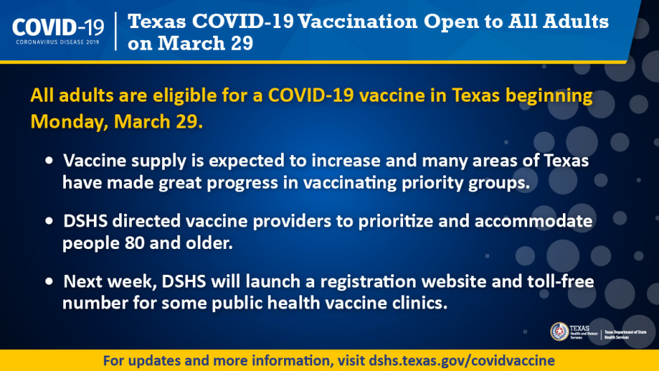 Todos los adultos en Texas podrán ser vacunados contra el COVID-19 a finales de marzo