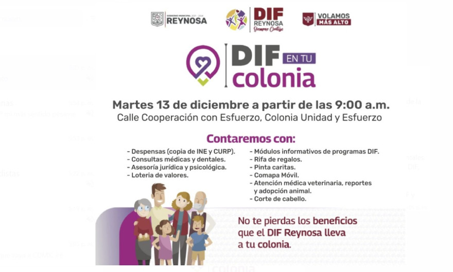 Este martes DIF en Tu Colonia en la Unidad y Esfuerzo
