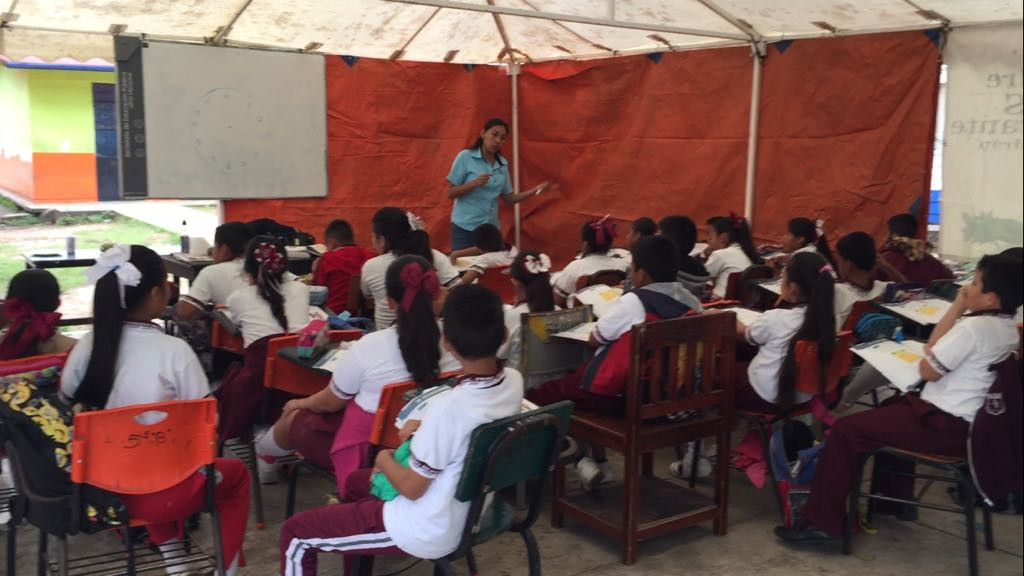 Niños de primaria estudian en el patio de la escuela