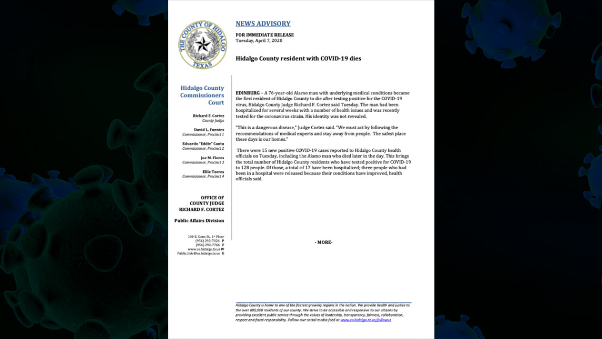 Confirman primera muerte por coronavirus en el condado Hidalgo