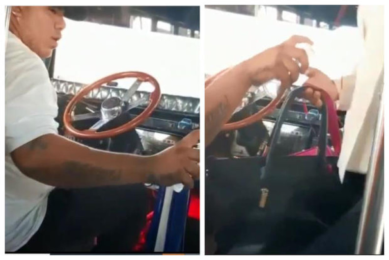 Chófer de autobús reparte gel antibacterial a pasajeros