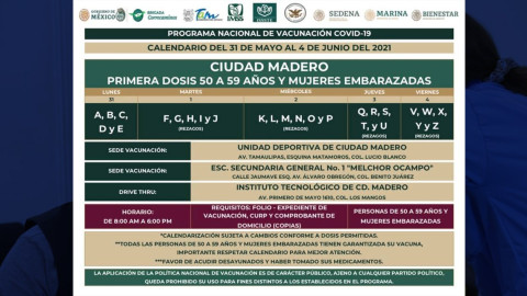 Vacunación para personas de 50 a 59 años en Tampico y Madero dará inicio este lunes