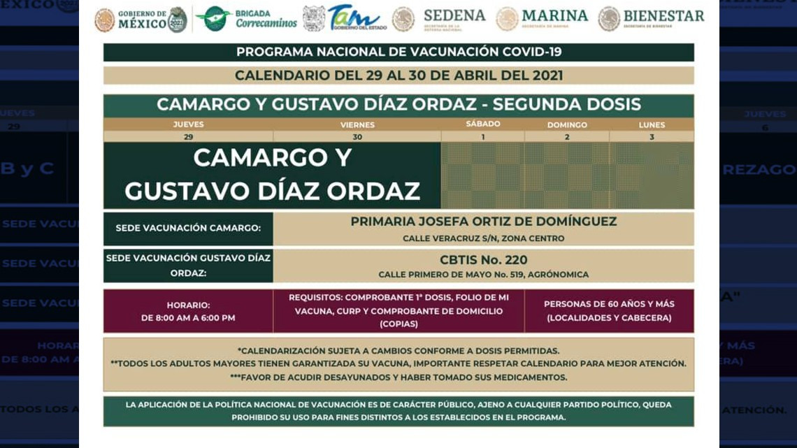 Segunda dosis de vacunas para adultos mayores de varios municipios de Tamaulipas iniciará este miércoles