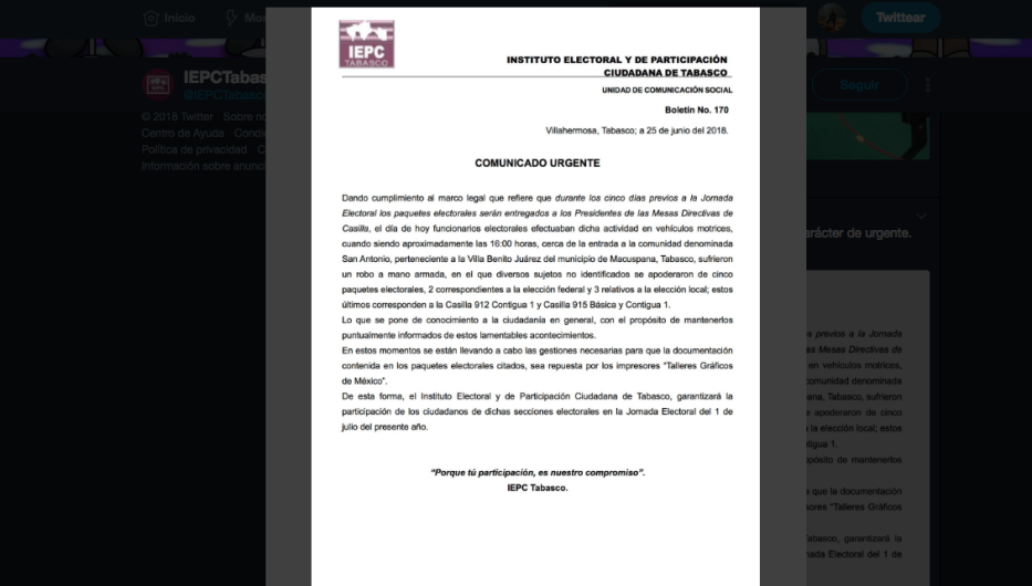 Roban 11 mil 35 boletas electorales en Macuspana, Tabasco
