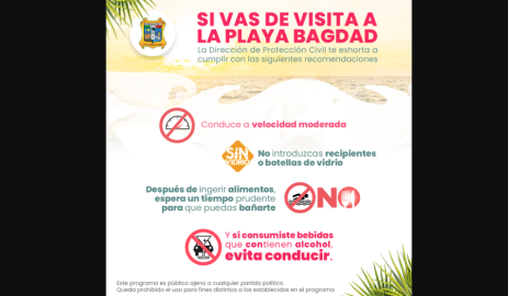 Emite PC recomendaciones a visitantes a la Playa Bagdad en Semana Santa 