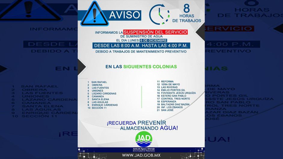 Suspenden suministro de agua en varias colonias de Matamoros. Conoce aquí cuáles 