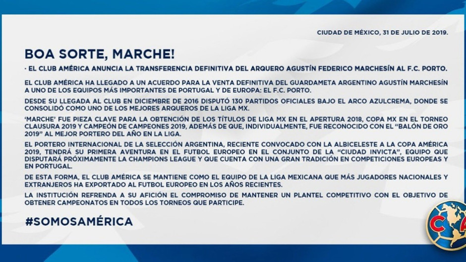 América hace oficial el traspaso de Agustín Marchesín al Porto