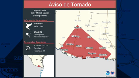 Emiten aviso de tornado para sectores de los condados Hidalgo y Cameron